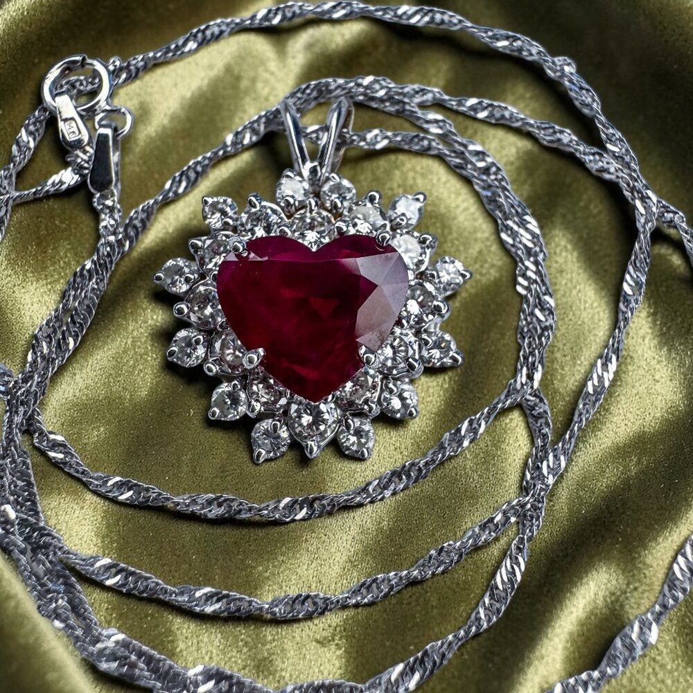 14K White Gold- Natural Ruby & Diamond Necklace -18"- 4.5cttw -Halo Heart -4.9g - Picture 7 of 16